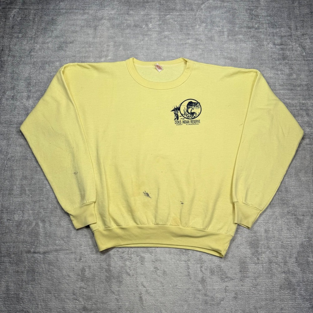 Vintage Fishing Sweatshirt Mens Large Yellow 80s Dokis Indian Reserve Canada